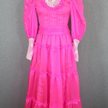 1960s-70s Neon Pink Prairie Dress - Gunne Sax Style - Bright Pink Maxi - Hippie, Boho - Tiered, Lace Maxi 