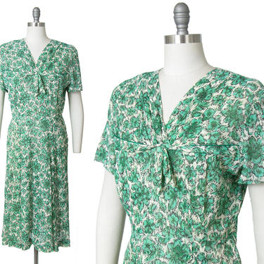 Vintage 1940s Dress | 40s Green Floral Sheer Mesh Swing Day Dress (large) 
