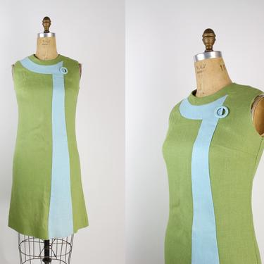 50s Colorblock Mini Dress / 60s Dress / MOd / 50s Green and Blue / Space Age / Size S/M 