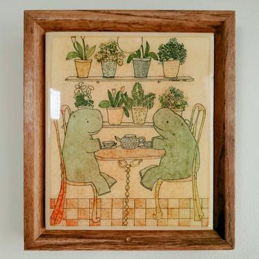 Vintage Susan Verble Gantner Framed Art Tile | Hippos Having Tea | Tea Party | Kimberly Enterprises CA | 1983 