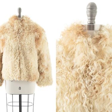 Vintage 1970s Coat | 70s Curly Shaggy Mongolian Lamb Fur Beige Cream Warm Winter Almost Famous Boho Jacket (small/medium) 