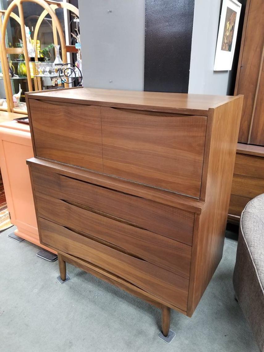 MidCentury Modern walnut dresser with drop front secretary Peg Leg