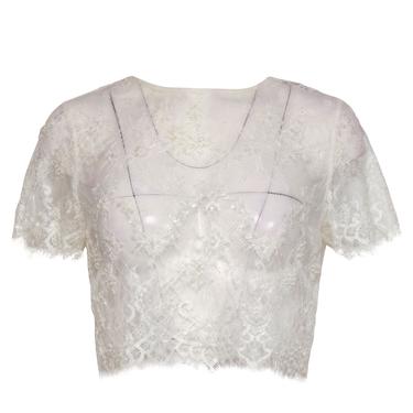 Catherine Deane - White Lace Sheer Cropped Top w/ Pearl Beading Sz 4
