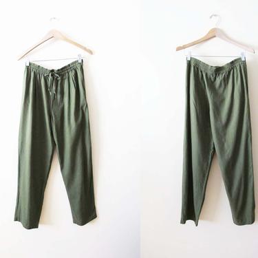 Vintage 90s Silk Pants S M - Olive Green Silk Lounge Pants - Textured Drawstring Casual Pants - 90s Minimalist Clothing- Baggy Pants 