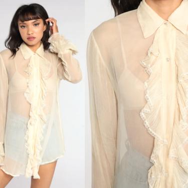 80s Sheer Ruffle Blouse | L - Lucky Vintage