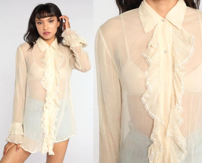 トップス vintage like sheer frill blouse Vintage 70s Sheer Pink Ruffle Blouse, High Neck Ruffle
