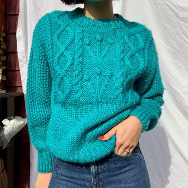 Vintage Sweater / Hand Made Knit wear / Popcorn Slouchy 1980's Floral Sweater / 1970's Teal Blue Green sweater 
