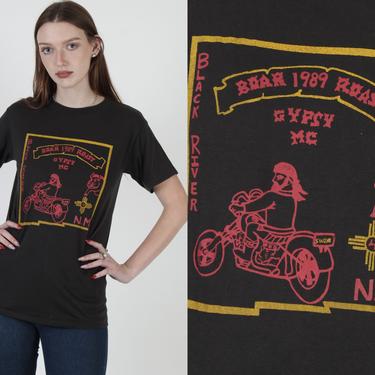Vintage Gypsy MC T Shirt / 1989 Black River Boar Roast / Mens Hog Motorcycle Biker T Shirt / Thin Black 50 50 Single Stitch Shirt 
