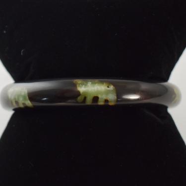 70's resin with sparkly elephants inlay boho bangle, unusual swirled black resin ghost elephants hippie stacking bracelet 