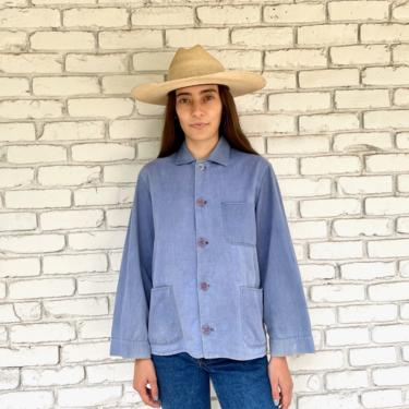 French Chore Coat // vintage 70s indigo faded hippy jean jacket boho hippie blouse shirt dress 1970s denim work painters indigo // S/M 