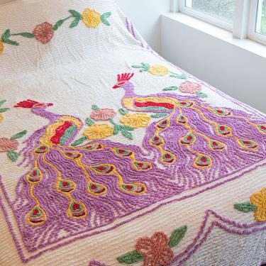 Vintage Colorful Handmade Cotton-Chenille Bedspread/Blanket with Gorgeous Peacock Detail 