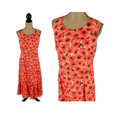 Orange Floral Chiffon Dress, Sleeveless Sundress, A Line Midi Dress Size 14, Daisy Print Dress, Summer Dress Large, Clothes Women Vintage 