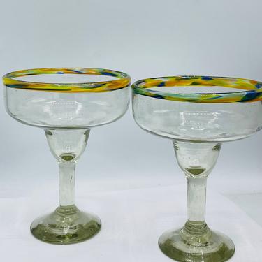 Set of (2)  Handmade Blown Mexican Margarita Glasses Confetti Multi Colored Rim 