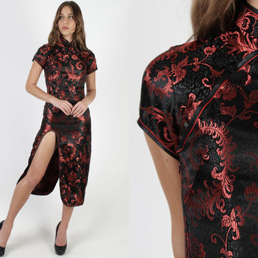 Mandarin Style Black Dress / Vintage 80s Asian Floral Chinese High Collar / Frog Closure Sexy Side Slit Long Womens Dress 