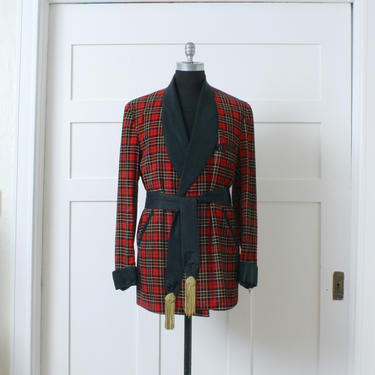 mens vintage 1950s smoking jacket • plaid cotton corduroy robe with shawl lapel • short belted robe in red & black 
