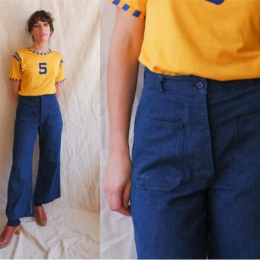 Vintage 60s 70s Button Fly Sailor Denim/ 1970s High Waisted Dark Wash Patch Pocket Bell Bottom Jeans/ Size Medium 28 