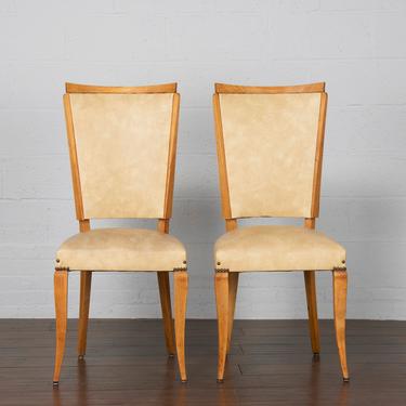 Vintage Set Of 4 French Art Deco Beech Dining Chairs W/ Beige Leather 