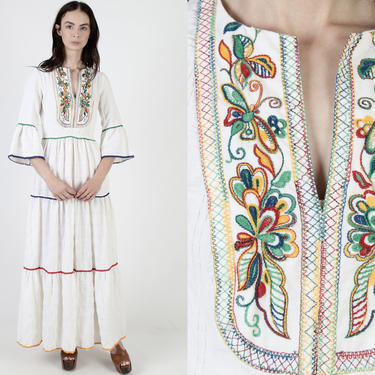 Floral Embroidered Dirndl Inspired Dress / Wide Trumpet Bell Sleeves / Rainbow Crochet Tiered Full Skirt / Bohemian Renaissance Maxi Dress 