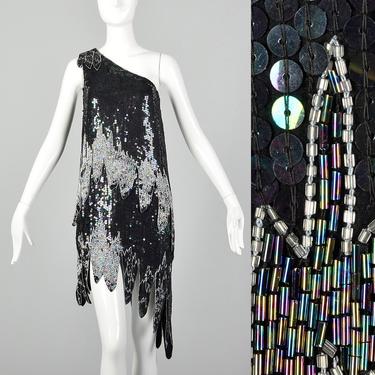 Medium 1990s Flapper Inspired Dress One Shoulder Beading Sequins Evening Mini 