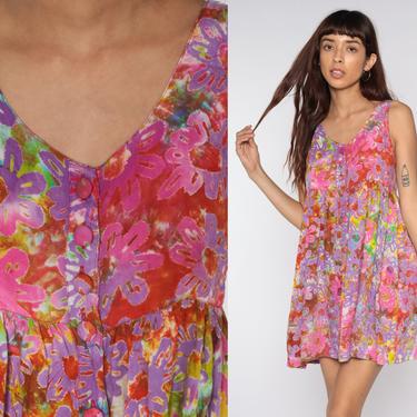 Tie Dye Floral Dress 90s Babydoll Dress Grunge Boho Mini BUTTON UP Empire Waist 1990s Vintage Summer Sleeveless Sundress Hippie Purple Small 