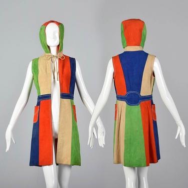 1960s Mod Color Block Leather Vest with Hood Sleeveless Coat Leather Jacket Hooded Space Age 