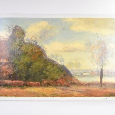 Impressionist Landscape Oil Painting Woodlands w Riverside Village by Stephano 
