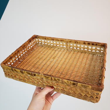 Vintage Wicker Basket Tray | Boho Rattan Rectangular File Organizer | MCM Catch-All Tray 