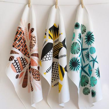 Set of 3 tea towels  •  geometric + modern  •  ocean inspired  •  coral, yellow, turquoise 
