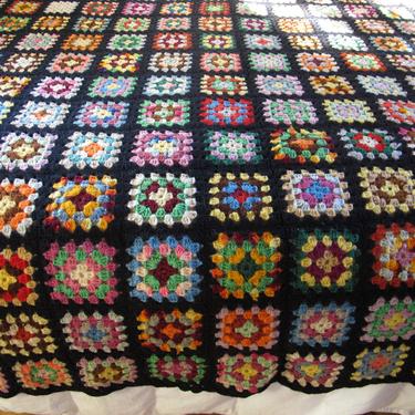 Bedding  Vtg 65x64 Crocheted Afghan Throw Blanket Rainbow Square