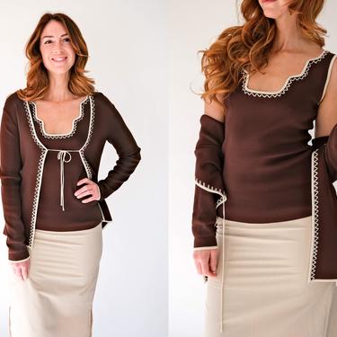 Vintage Y2K BCBG Chocolate Brown Blouse & Cardigan Set w/ White Zig Zag Embroidered Trim | Rayon Blend | 2000s Designer Boho Sweater Set 