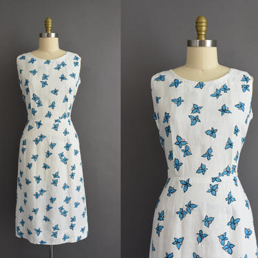 1950s vintage dress | Adorable White Irish Linen Blue Butterfly Print Summer Cocktail Party Wiggle Dress | Large | 50s dress 
