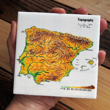 1983 Spain Portugal Topography Handmade Repurposed Vintage Map Coaster - Ceramic Tile - Repurposed 1980s Atlas - Iberian Peninsula 