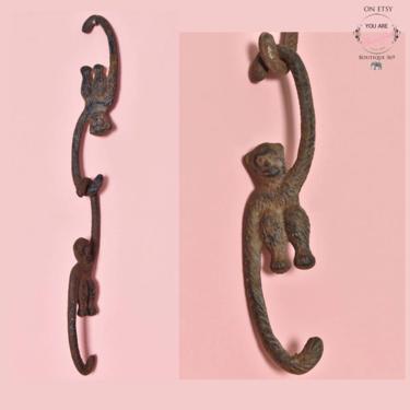 Vintage Metal Monkey Hangers, Plant Hanger, Hooks Decorative Apes Cast Iron Animal Fixture hardware 1970's, 1960's 