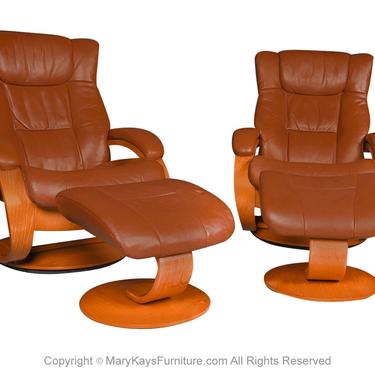 Mid Century Leather Pair Norway Lounge Chairs Ottomans Hjellegjerde Mobler 