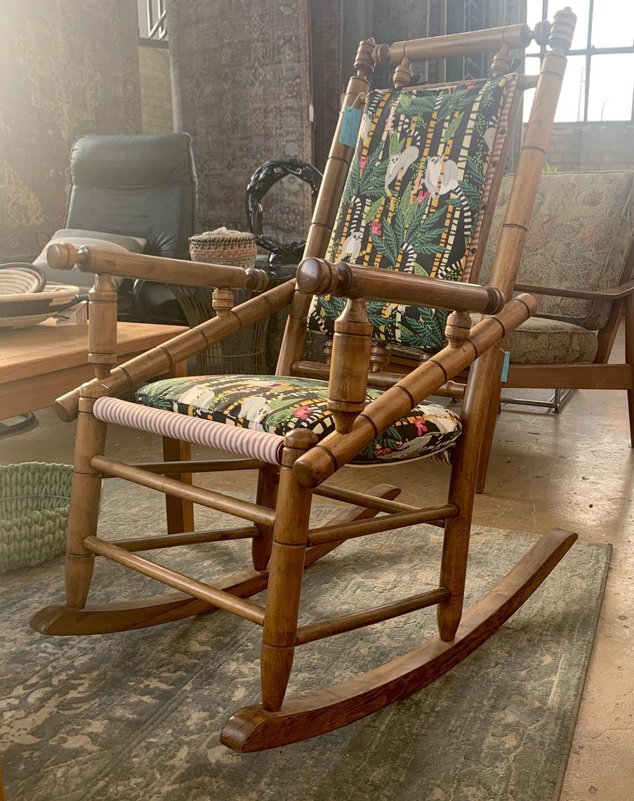 Vintage Rocking Chair w/ New Lemur Pattern Upholstery Covet