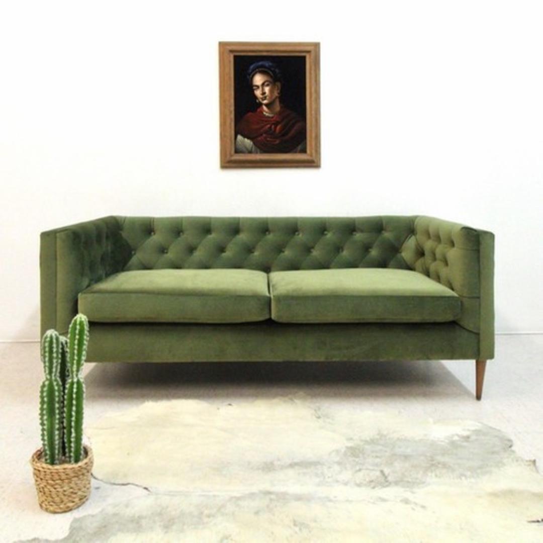 Vintage Olive Green Tufted Velvet Sofa Sunbeam Vintage Highland