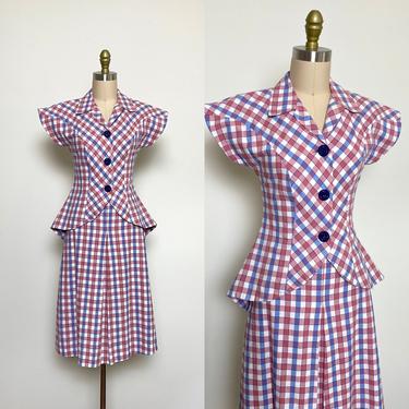 Vintage 1940s Women's Suit 40s Dress w Peplum Cotton Pink and Blue Check 