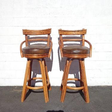 Bar Stools Set Of Paul Frankl Rattan Swivel Bohemian Boho Chic