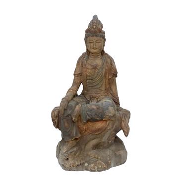 Chinese Rustic Distressed Wood Sitting Cross Leg Kwan Yin Statue cs6944E 