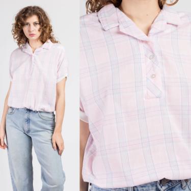 80s Pink Plaid Polo Crop Top - Large | Vintage Collared Short Sleeve Cropped Shirt 
