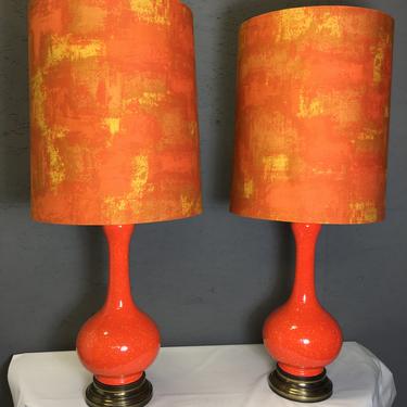Vintage Mid Century Modern Large Table Lamp Pair Orange Ceramic Speckle Retro Atomic Original Shades 