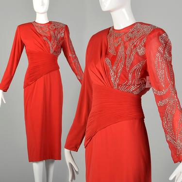 Medium 1980s Rose Taft Red Evening Dress Rhinestone Asymmetric Cocktail Party 