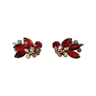 1960s Red Rhinestone &amp; Aurora Borealis Cocktail Earrings - Vintage Red Rhinestone Earrings - Vintage Aurora Borealis Earrings - 60s Earrings 