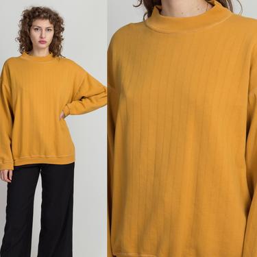 90s Mustard Yellow Striped Mockneck Sweatshirt - Men's Large, Women's XL | Vintage Oversize Plain Unisex Pullover 