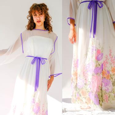 Vintage 70s Miss Elite of California Sheer Ivory & Violet Ethereal Floral Print Empire Waist Dress | Made in USA | 1970s Designer Maxi Dress 