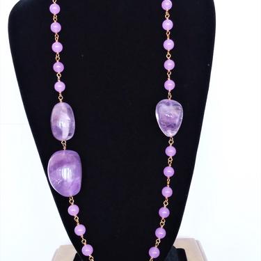 Amethyst and Jade Long Necklace - One of a Kind Fashion Jewelry 