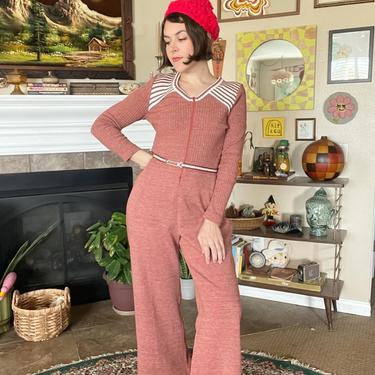 Incredible 1970s vintage long sleeve pale burgundy jumpsuit 