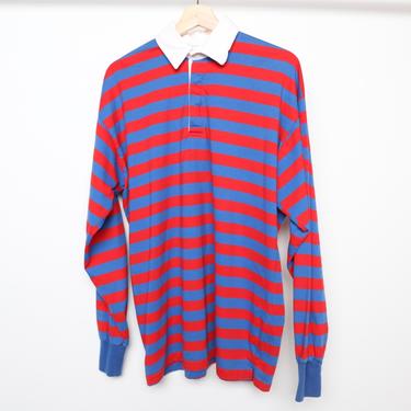 vintage 1980s HENLEY blue & red skater POLO long sleeve vintage shirt -- size 