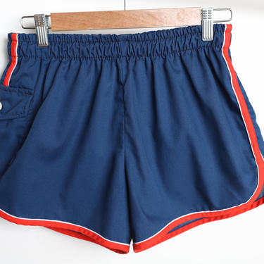 vintage 1970s 80s striped BLUE &amp; red short SHORTS men's women's unisex swimming roller skating shorts -- size small/medium 