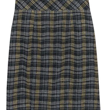 Nanette Lepore - Grey, Blue &amp; Yellow Plaid Wool Pencil Skirt Sz 4